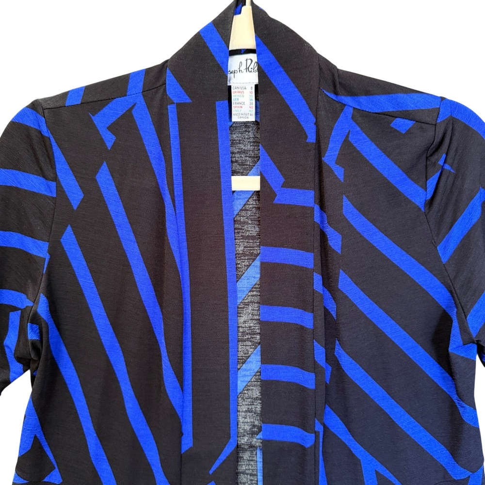 Joseph Ribkoff Womens 8 Blue Black Geometric Stripe Open Front Cardigan Jacket